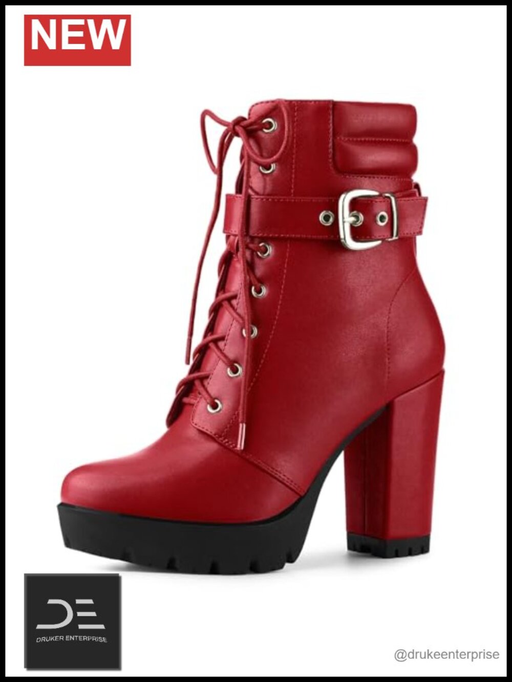Faux Leather Platform Combat Ankle Boots Block Heel Lace Up Side Zipper